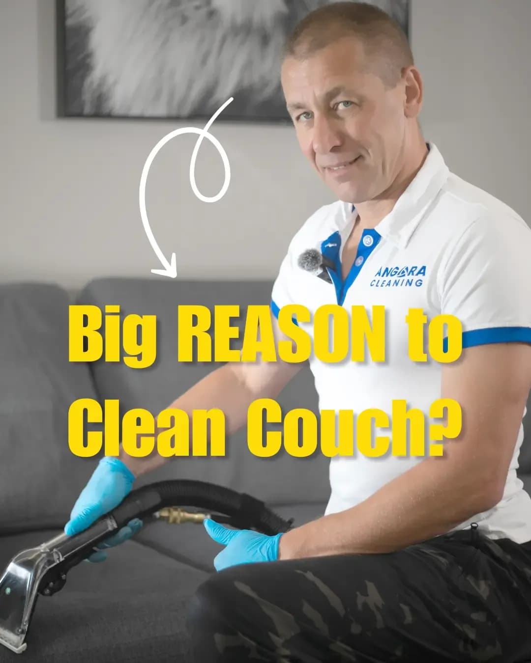 Close-up split-screen of professional couch upholstery cleaning showing a steam extraction wand pulling dark dirt and oil stains from a light fabric sofa section.