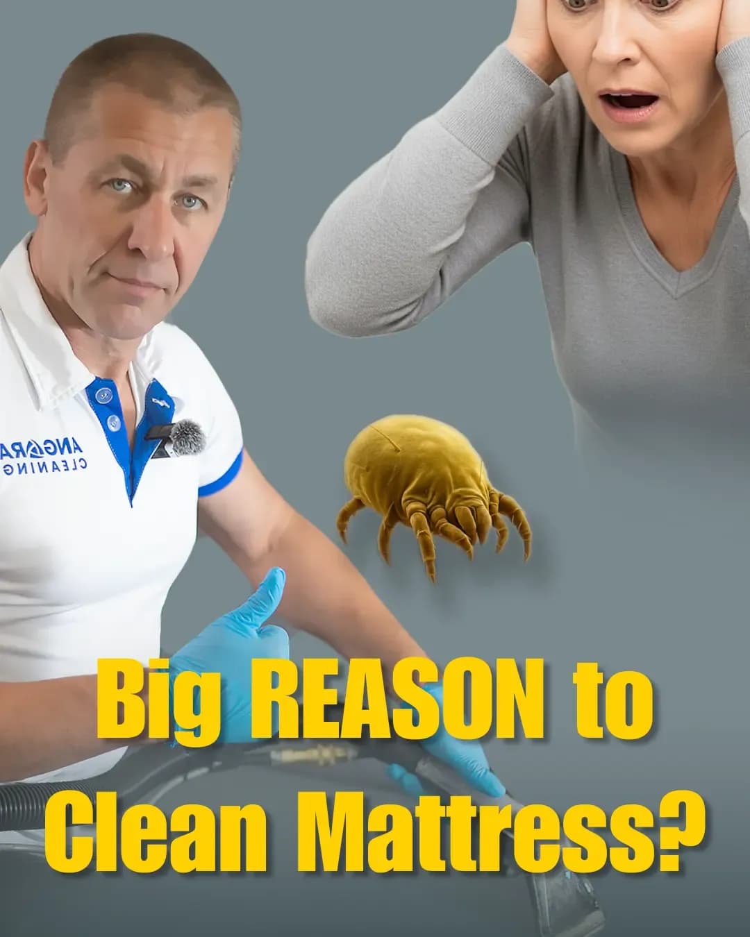 Split-screen preview of a white mattress being deep-cleaned, showing the removal of yellow organic sweat stains on the left and a completely white, sanitized surface on the right using a high-heat extraction tool.