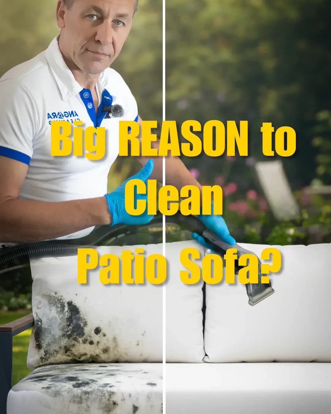 Split-screen preview of outdoor patio cushion restoration, removing dark mildew spots and deep atmospheric dirt using a professional hot water extraction tool.